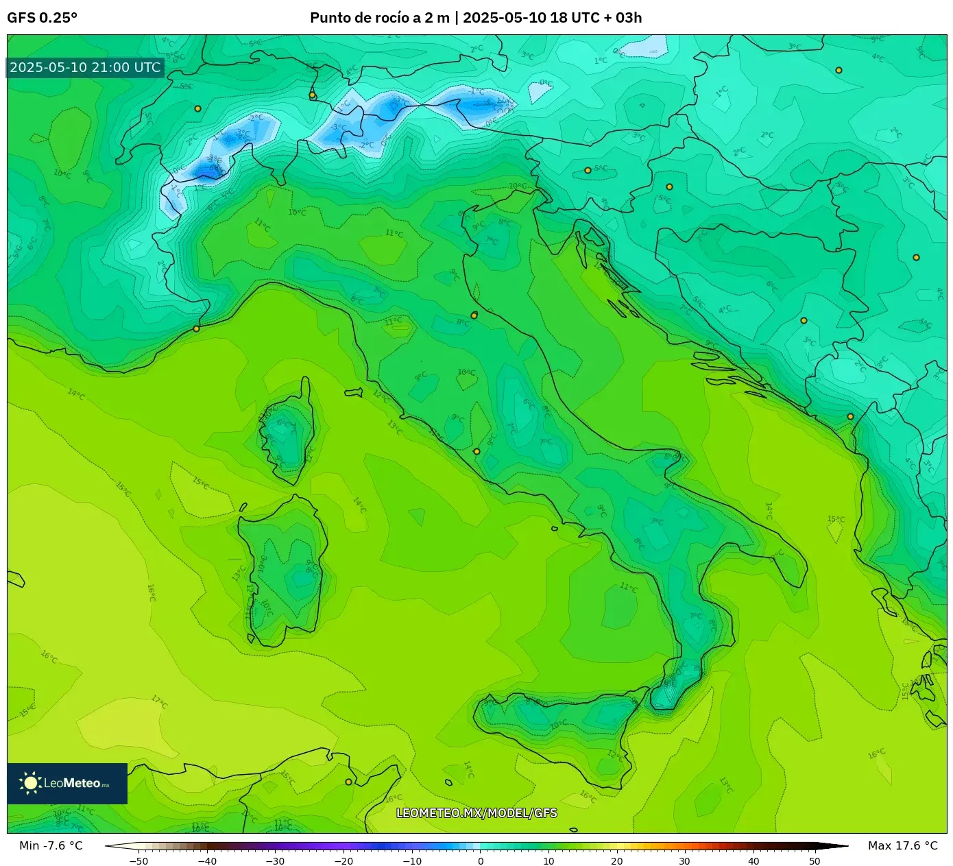 GFS - Italia, Punto de rocío a 2 m GFS - Italia, Punto de rocío a 2 m