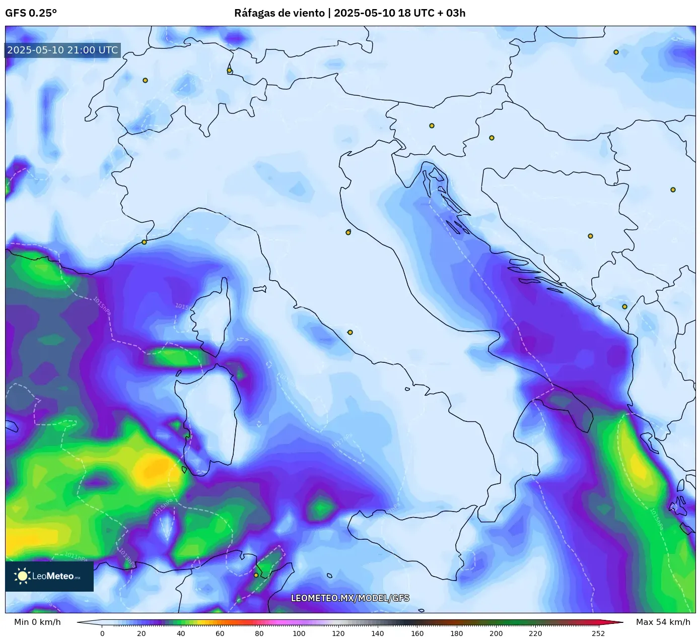 GFS - Italia, Ráfagas de viento GFS - Italia, Ráfagas de viento