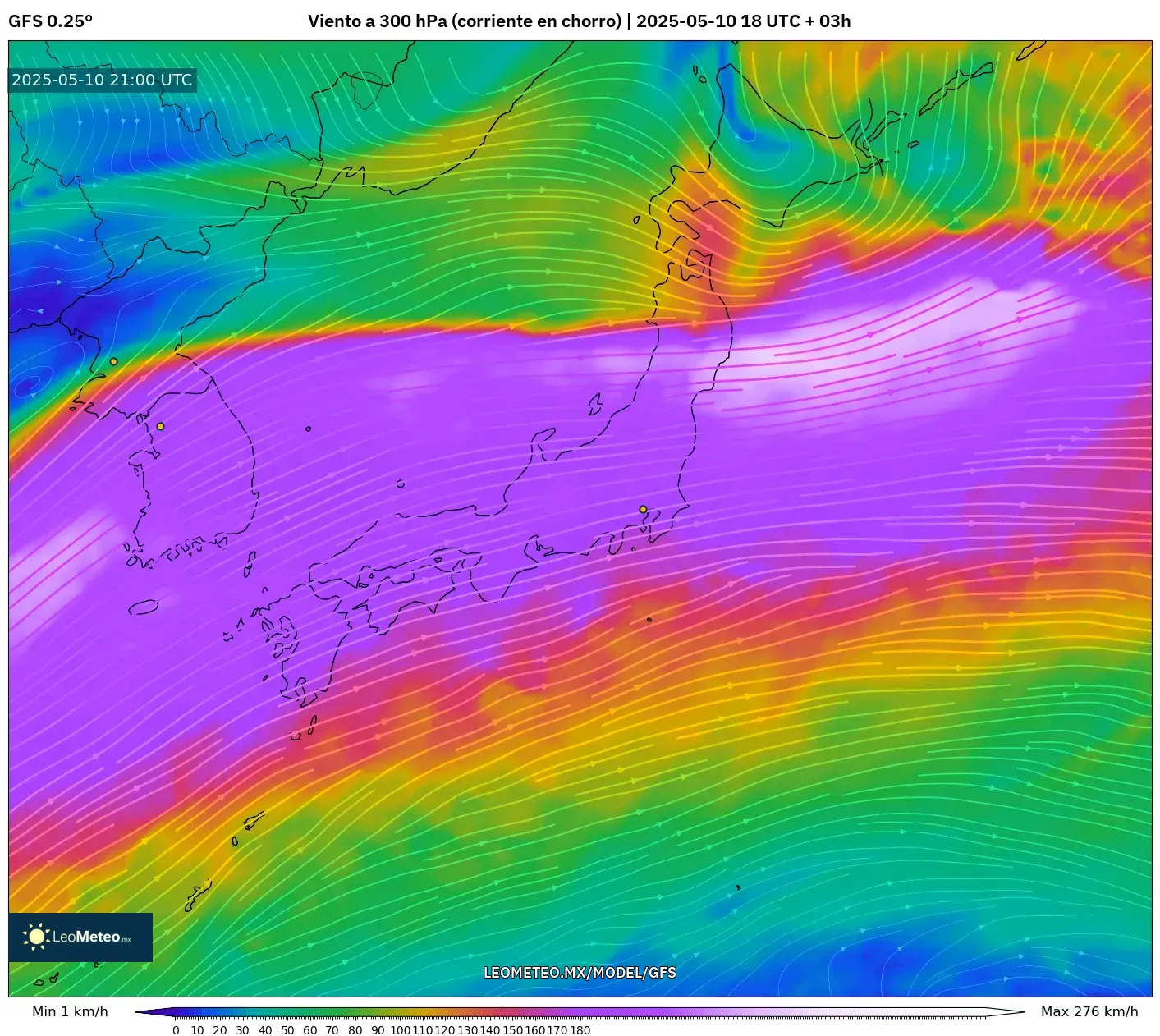 GFS - Japón, Viento a 300 hPa (corriente en chorro) GFS - Japón, Viento a 300 hPa (corriente en chorro)