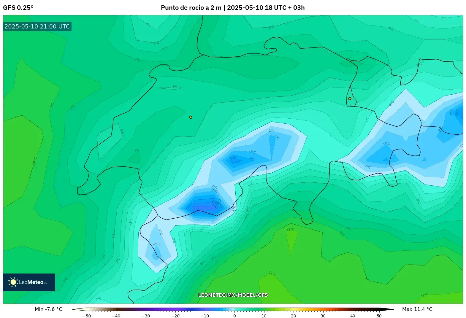 GFS - Suiza, Punto de rocío a 2 m GFS - Suiza, Punto de rocío a 2 m