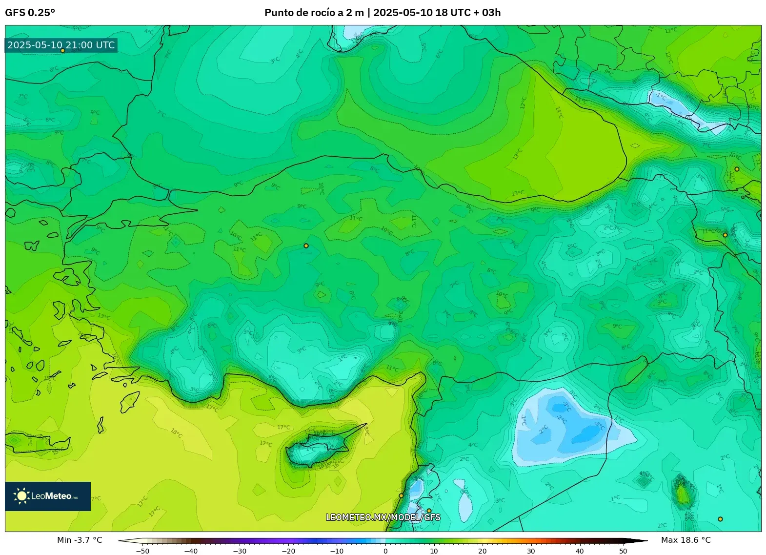 GFS - Turquía, Punto de rocío a 2 m GFS - Turquía, Punto de rocío a 2 m