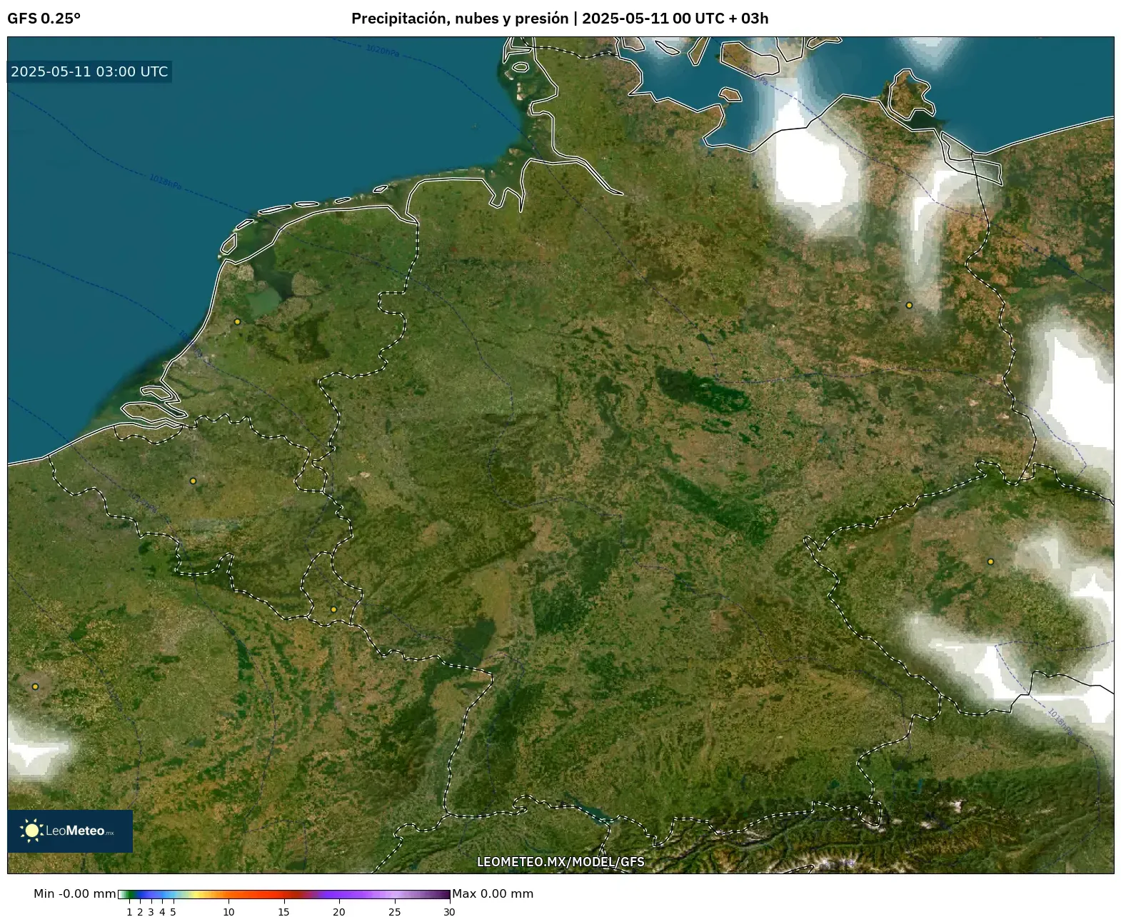GFS - Alemania, Precipitación, nubes y presión GFS - Alemania, Precipitación, nubes y presión