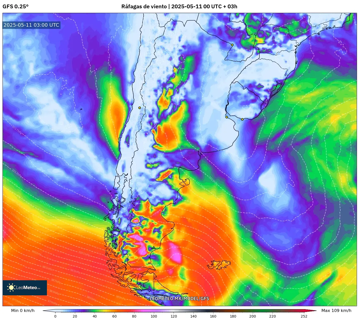 GFS - Argentina, Ráfagas de viento GFS - Argentina, Ráfagas de viento