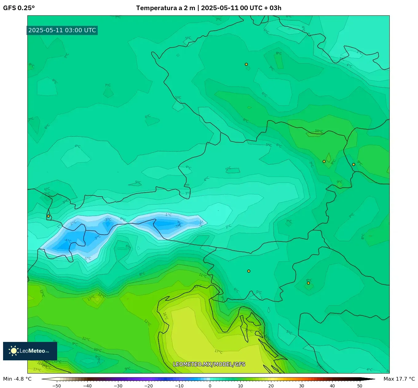 GFS - Austria, Temperatura a 2 m GFS - Austria, Temperatura a 2 m