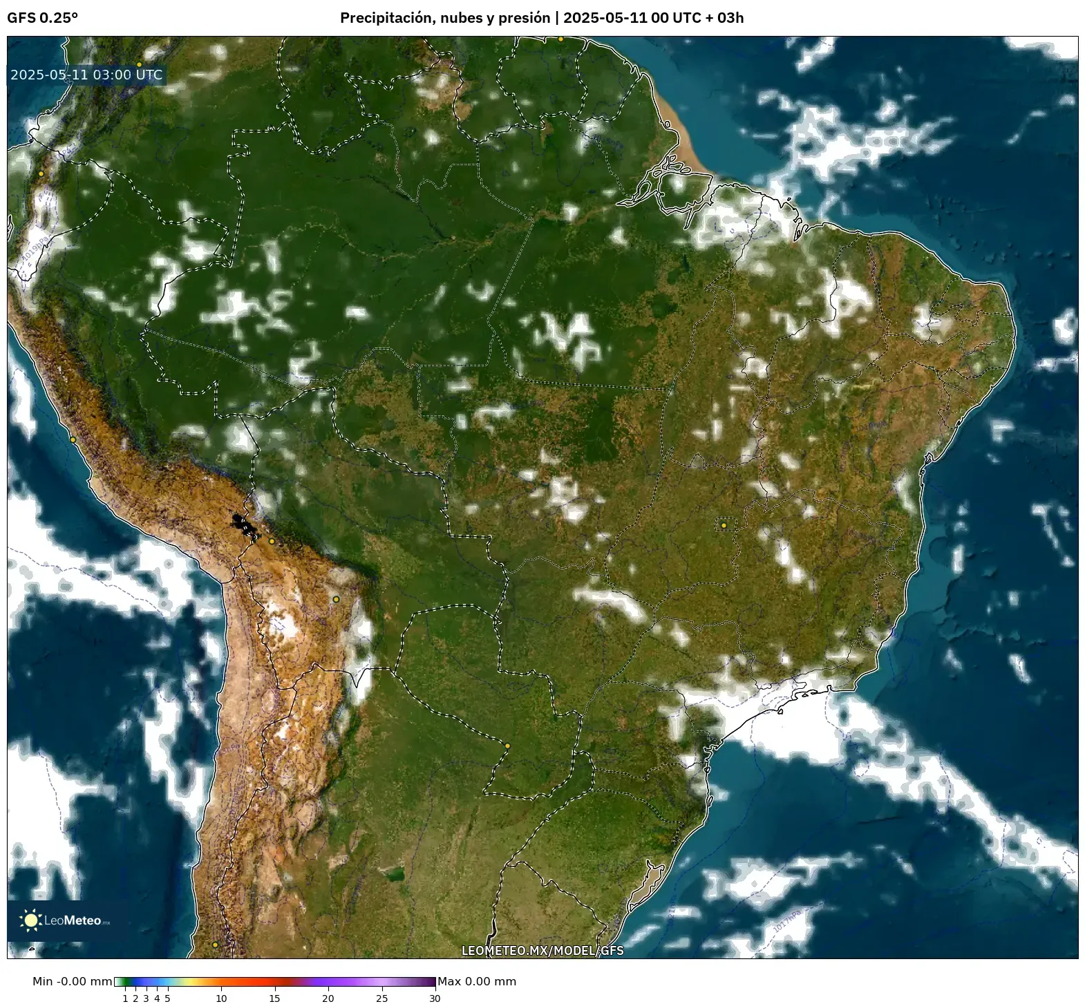GFS - Brasil, Precipitación, nubes y presión GFS - Brasil, Precipitación, nubes y presión
