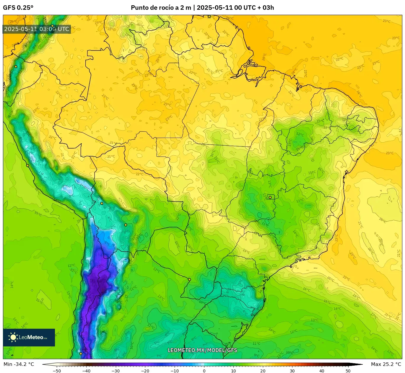 GFS - Brasil, Punto de rocío a 2 m GFS - Brasil, Punto de rocío a 2 m