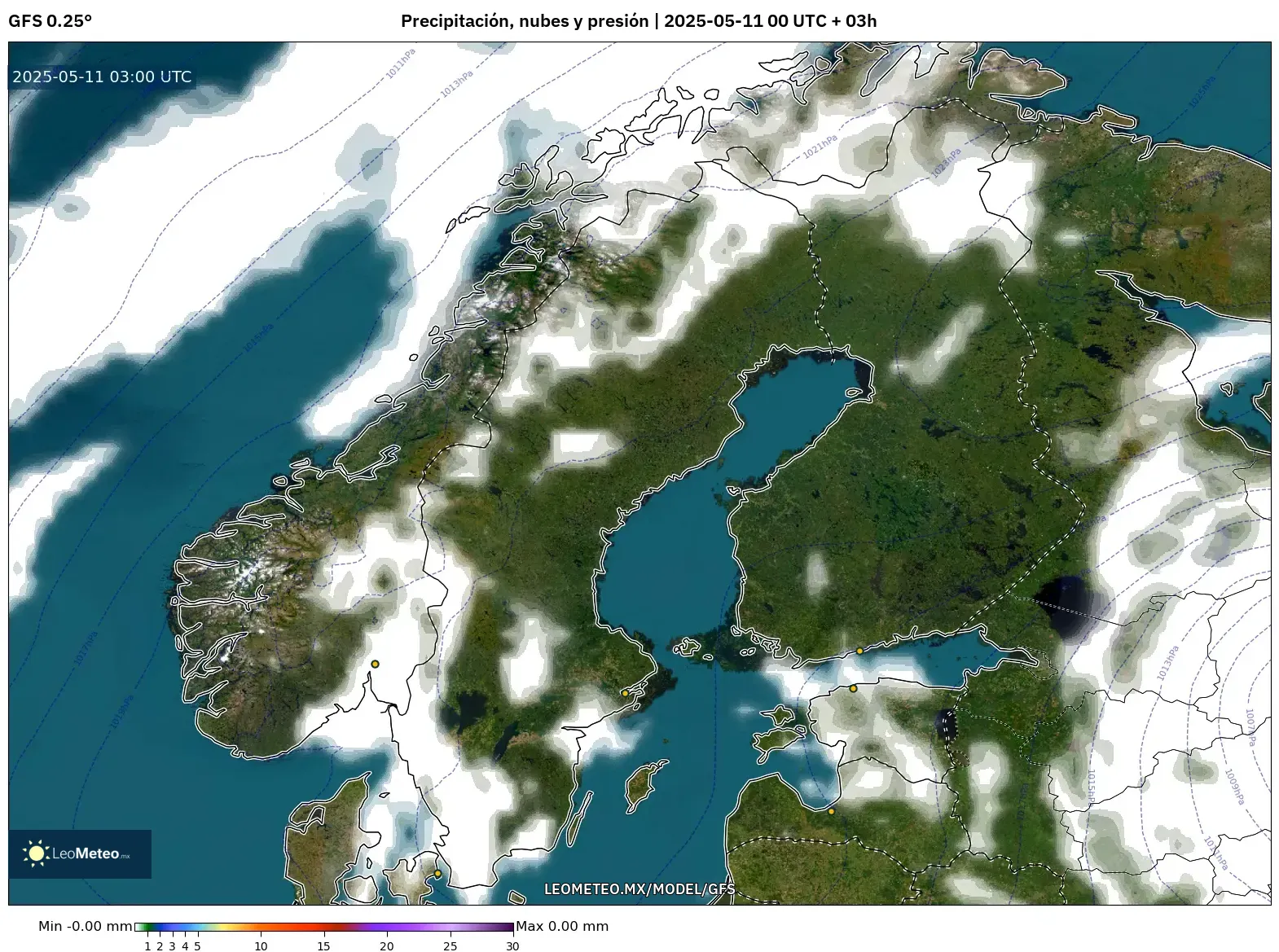 GFS - Escandinavia, Precipitación, nubes y presión GFS - Escandinavia, Precipitación, nubes y presión