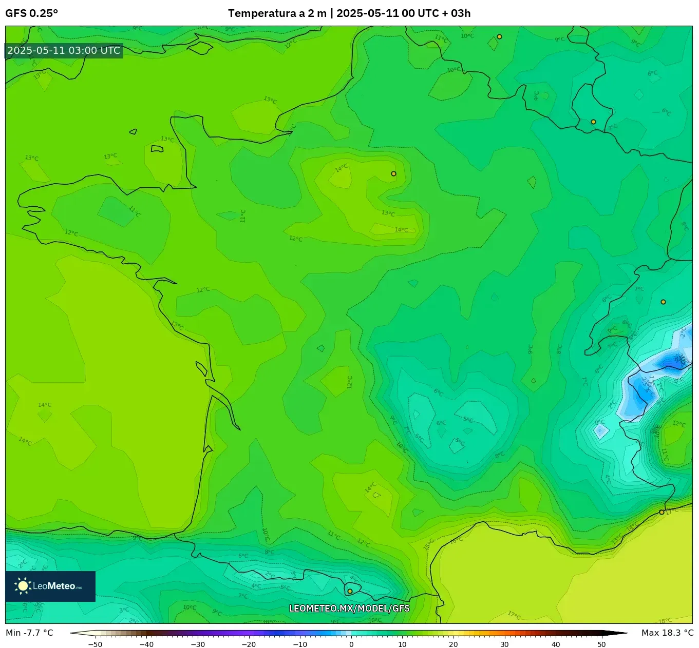 GFS - Francia, Temperatura a 2 m GFS - Francia, Temperatura a 2 m