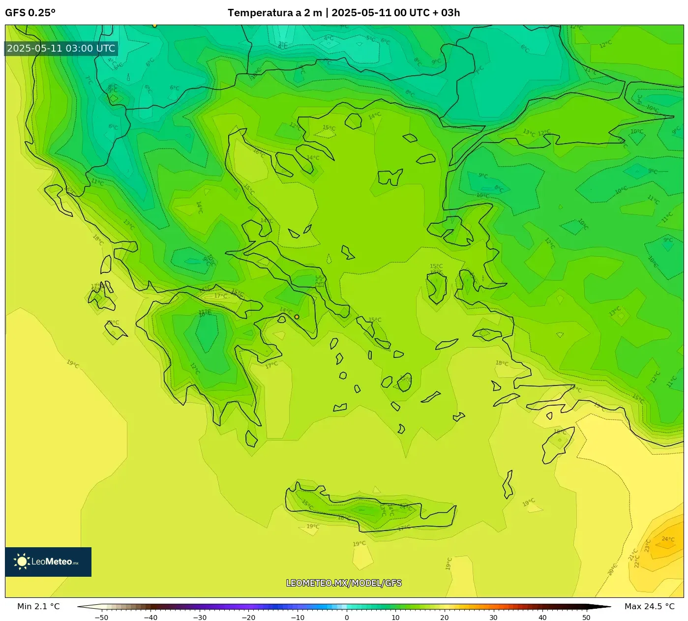 GFS - Grecia, Temperatura a 2 m GFS - Grecia, Temperatura a 2 m