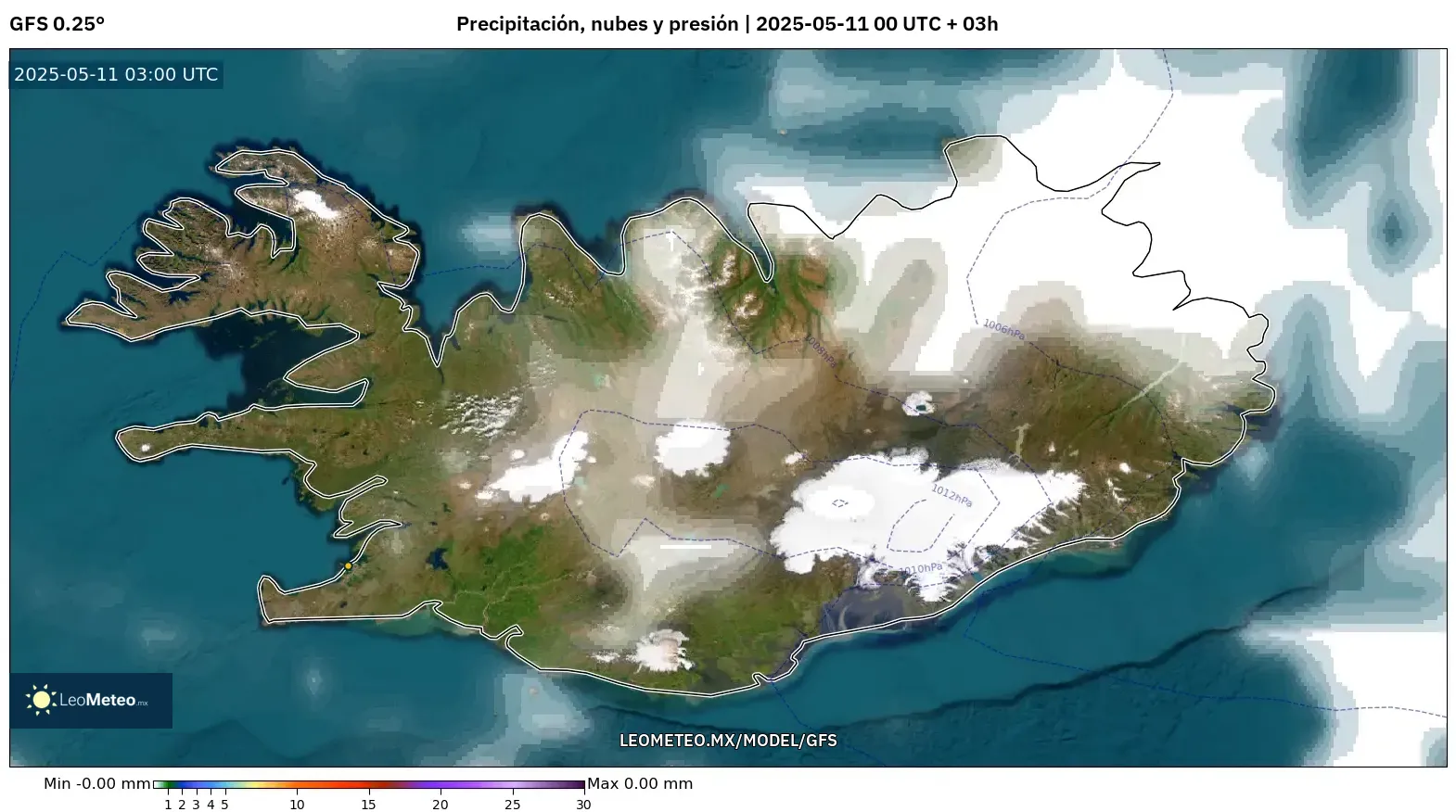 GFS - Islandia, Precipitación, nubes y presión GFS - Islandia, Precipitación, nubes y presión