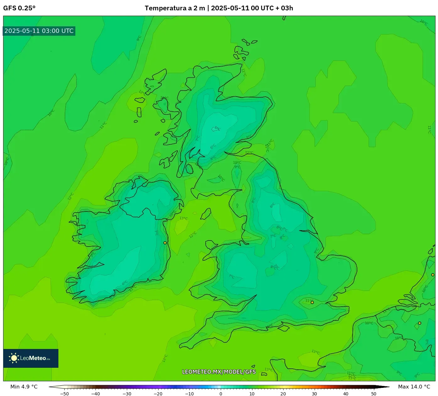GFS - Reino Unido, Temperatura a 2 m GFS - Reino Unido, Temperatura a 2 m