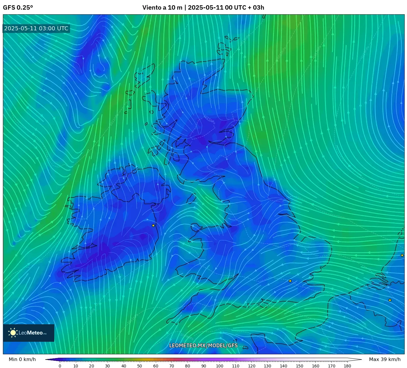 GFS - Reino Unido, Viento a 10 m GFS - Reino Unido, Viento a 10 m
