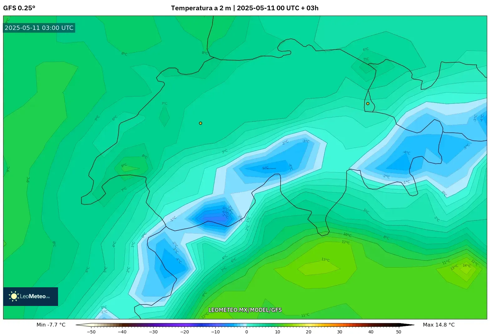 GFS - Suiza, Temperatura a 2 m GFS - Suiza, Temperatura a 2 m