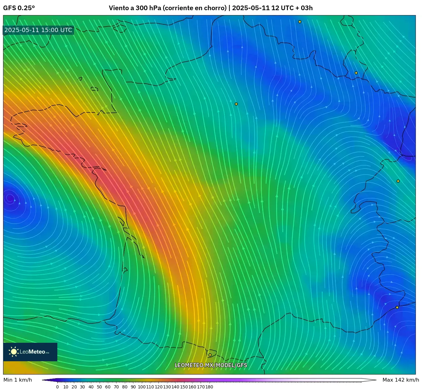 GFS - Francia, Viento a 300 hPa (corriente en chorro) GFS - Francia, Viento a 300 hPa (corriente en chorro)