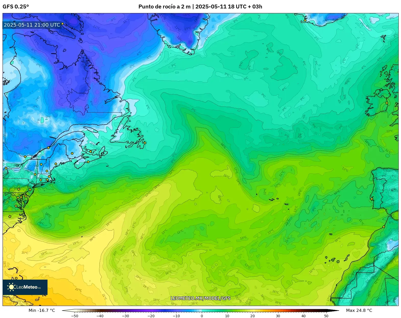 GFS - Norte Atlántico, Punto de rocío a 2 m GFS - Norte Atlántico, Punto de rocío a 2 m
