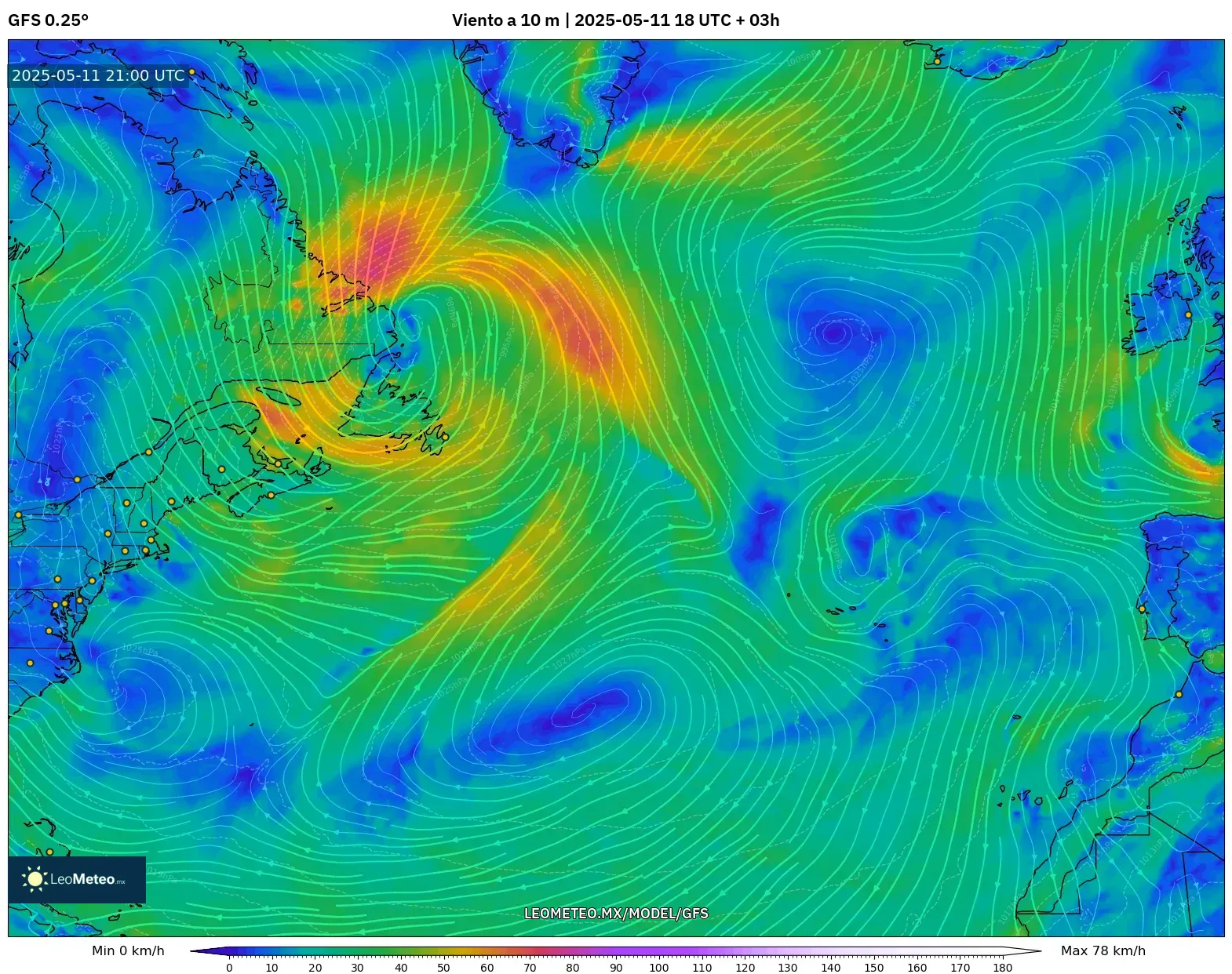 GFS - Norte Atlántico, Viento a 10 m GFS - Norte Atlántico, Viento a 10 m