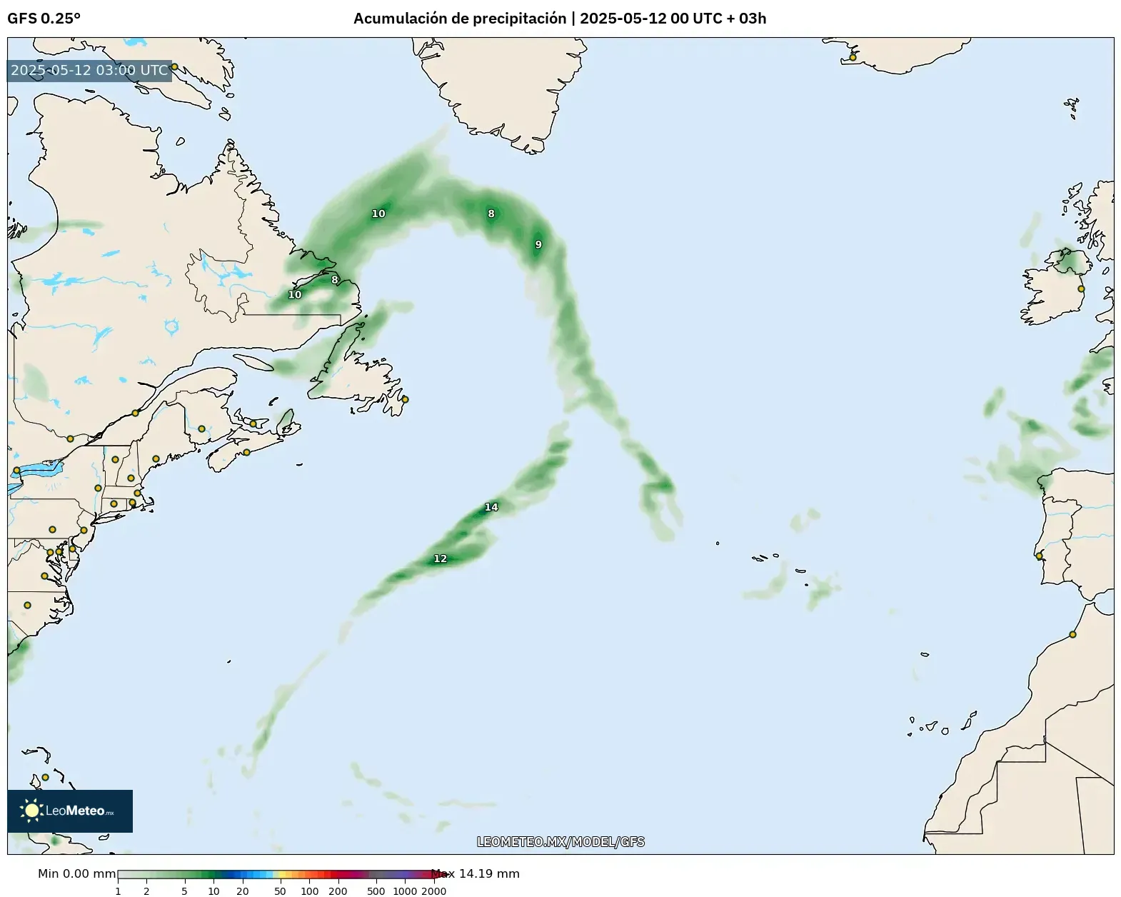 GFS - Norte Atlántico, Acumulación de precipitación GFS - Norte Atlántico, Acumulación de precipitación