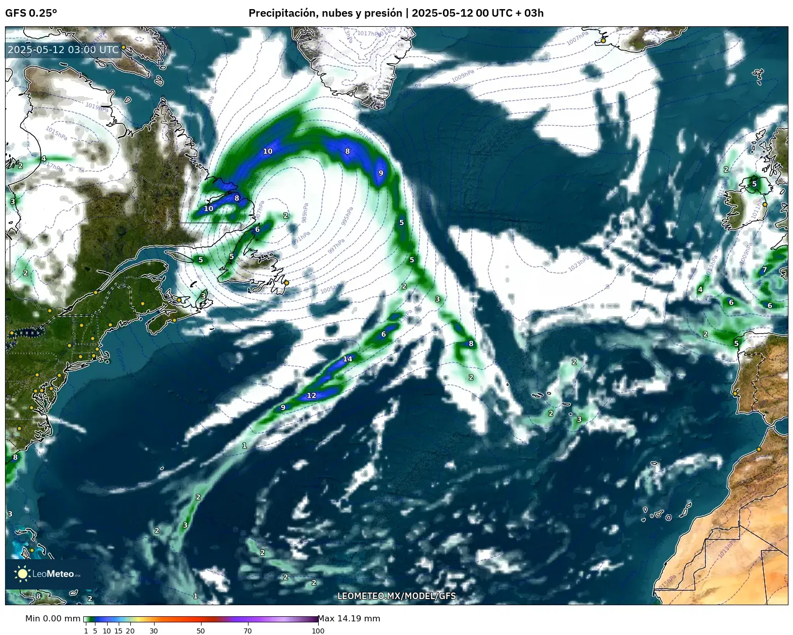 GFS - Norte Atlántico, Precipitación, nubes y presión GFS - Norte Atlántico, Precipitación, nubes y presión