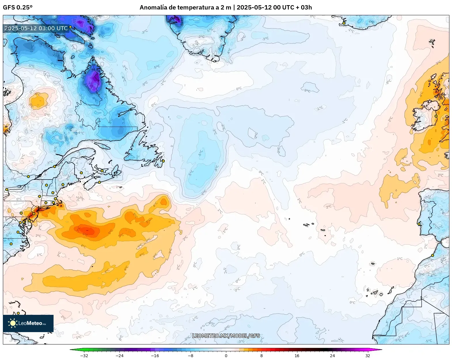 GFS - Norte Atlántico, Anomalía de temperatura a 2 m GFS - Norte Atlántico, Anomalía de temperatura a 2 m