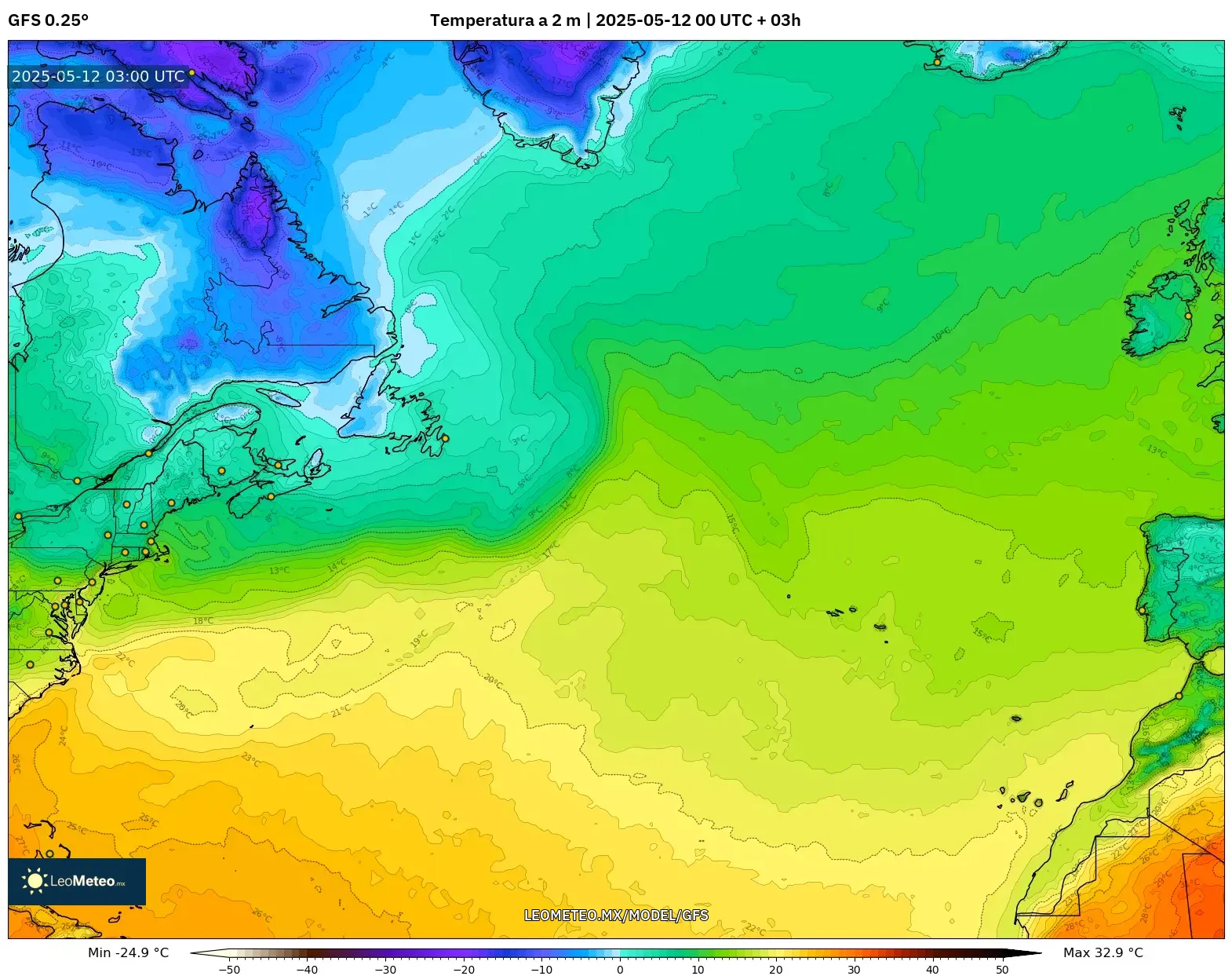 GFS - Norte Atlántico, Temperatura a 2 m GFS - Norte Atlántico, Temperatura a 2 m