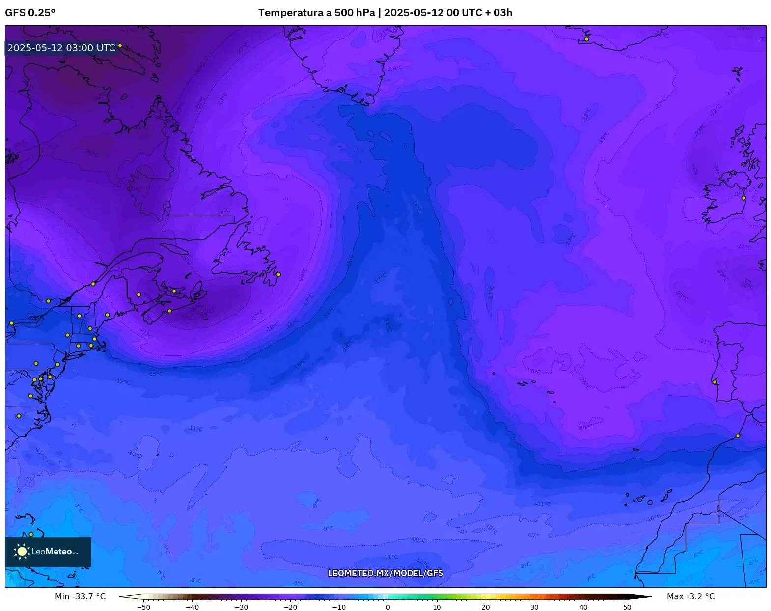 GFS - Norte Atlántico, Temperatura a 500 hPa GFS - Norte Atlántico, Temperatura a 500 hPa