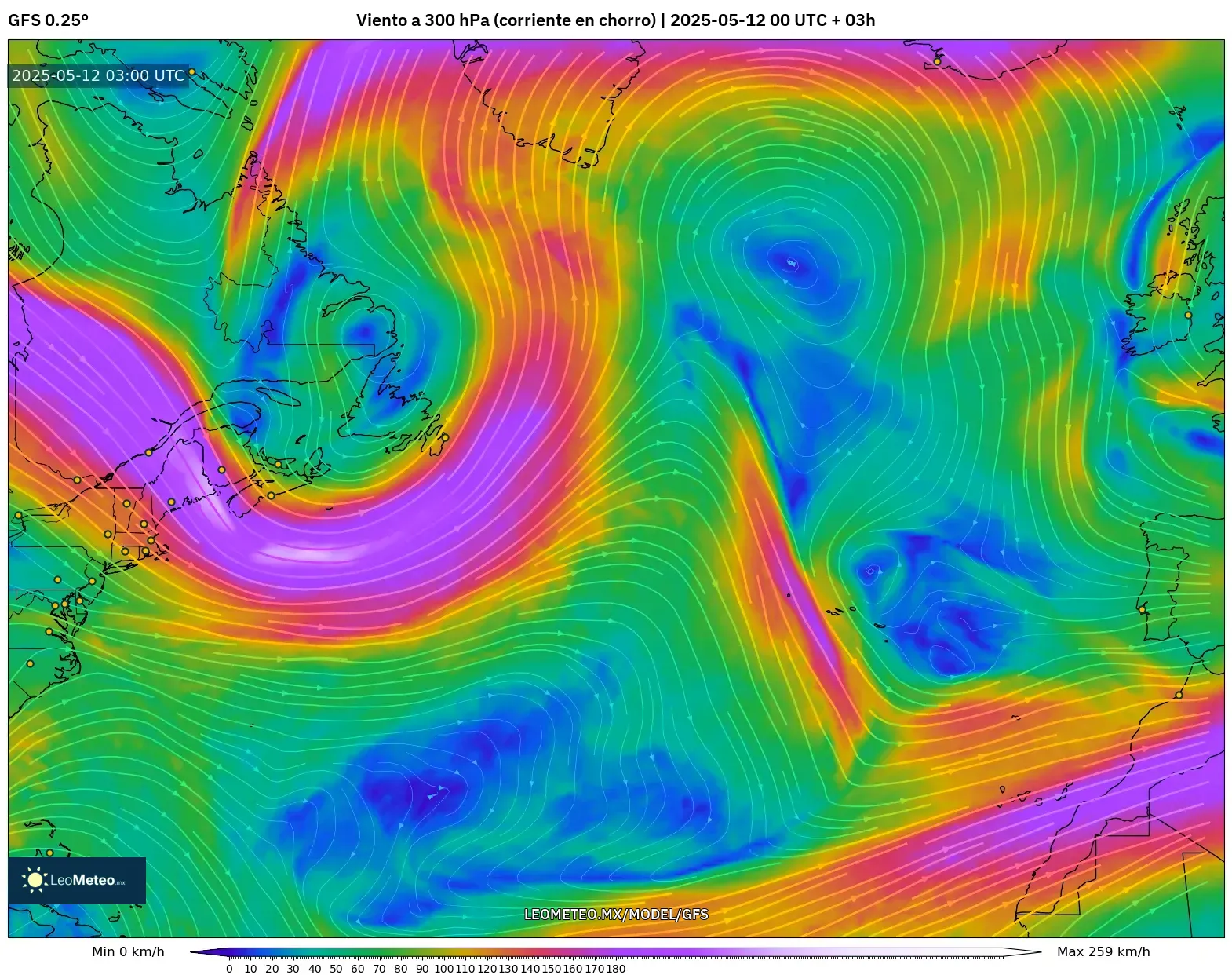 GFS - Norte Atlántico, Viento a 300 hPa (corriente en chorro) GFS - Norte Atlántico, Viento a 300 hPa (corriente en chorro)