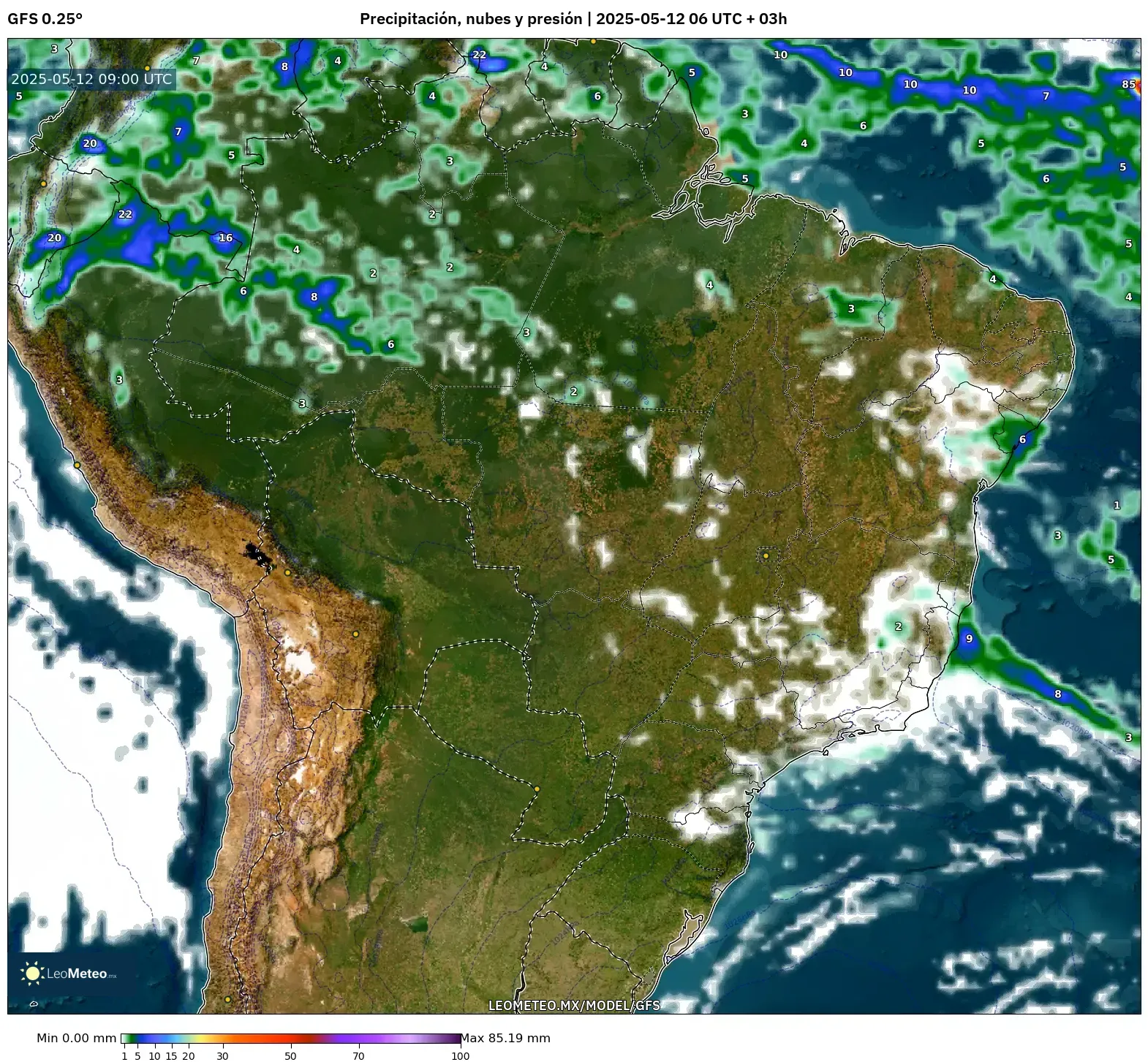 GFS - Brasil, Precipitación, nubes y presión GFS - Brasil, Precipitación, nubes y presión
