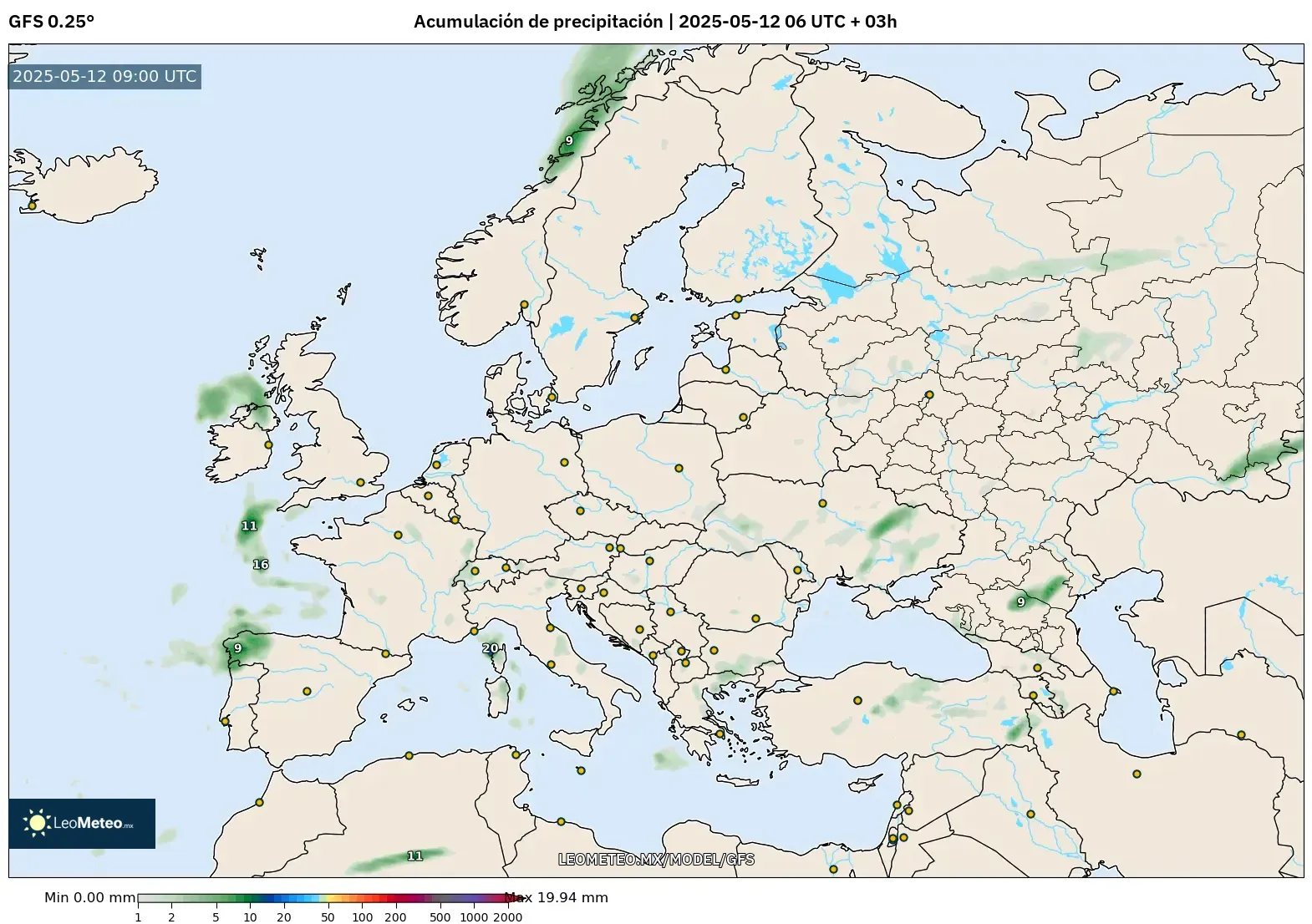 GFS - Europa, Acumulación de precipitación
