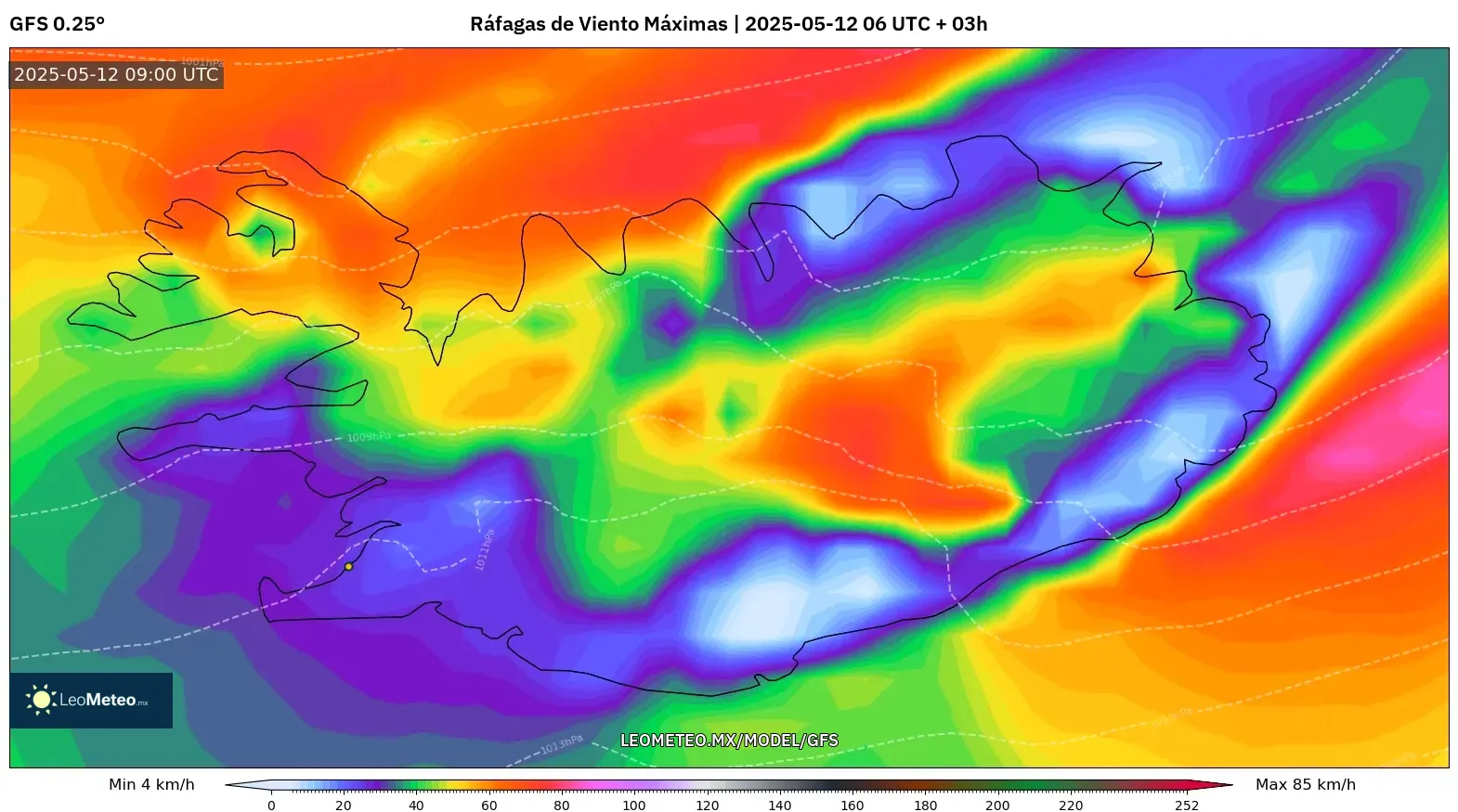 GFS - Islandia, Ráfagas de Viento Máximas GFS - Islandia, Ráfagas de Viento Máximas