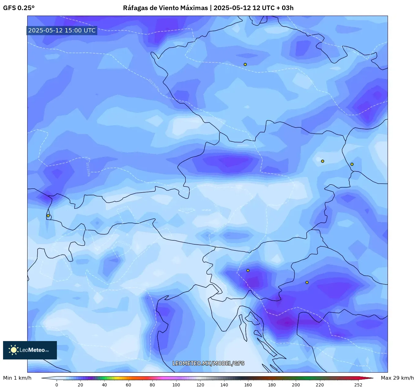GFS - Austria, Ráfagas de Viento Máximas GFS - Austria, Ráfagas de Viento Máximas