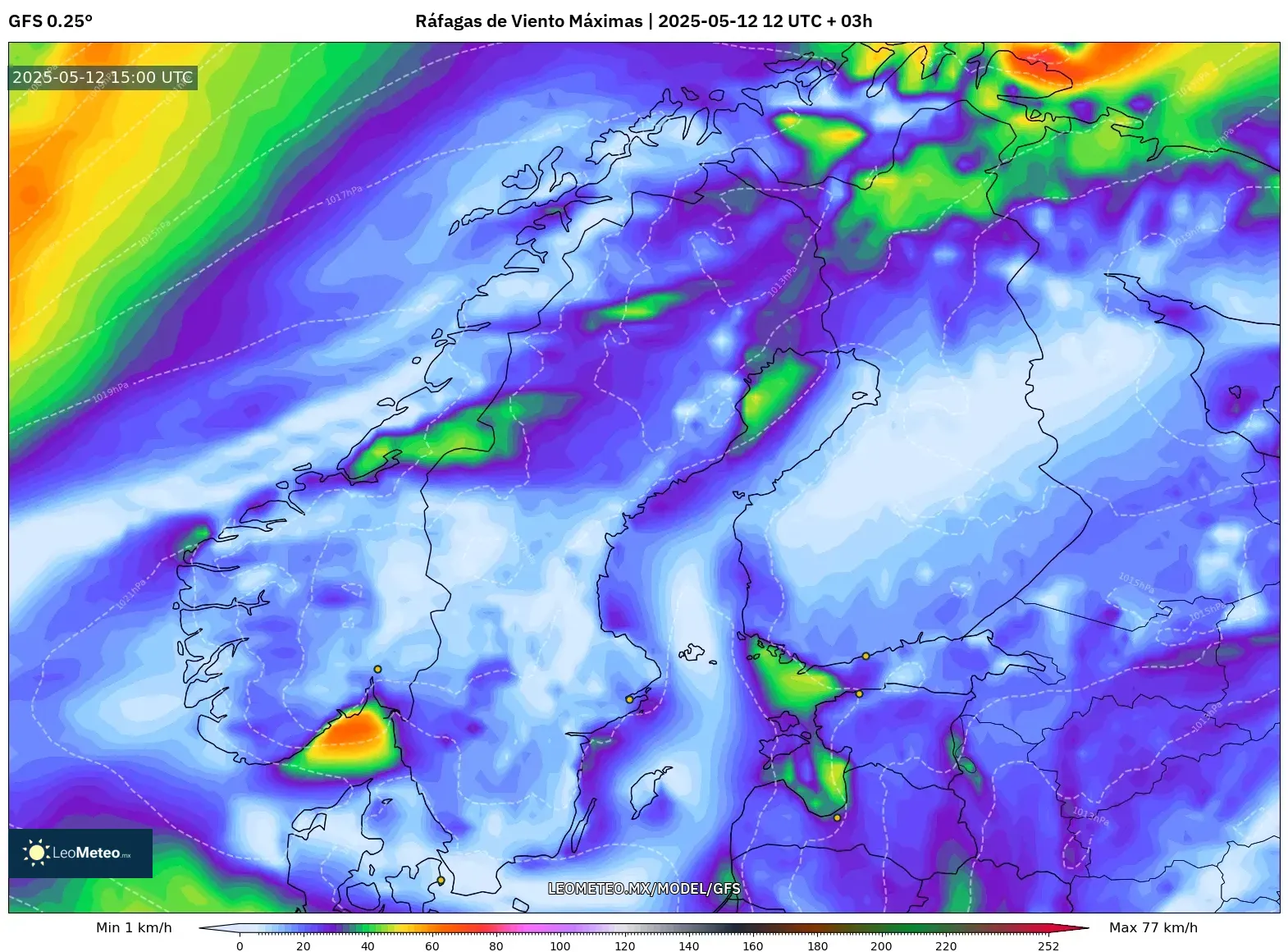 GFS - Escandinavia, Ráfagas de Viento Máximas GFS - Escandinavia, Ráfagas de Viento Máximas