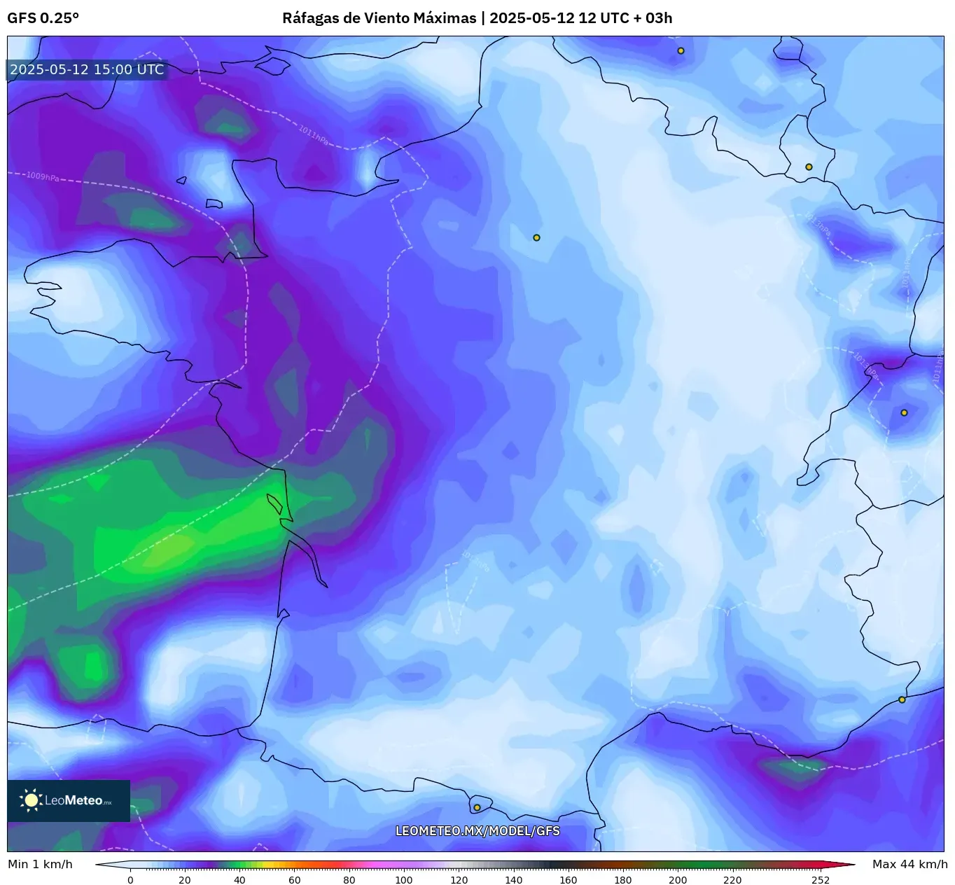 GFS - Francia, Ráfagas de Viento Máximas GFS - Francia, Ráfagas de Viento Máximas