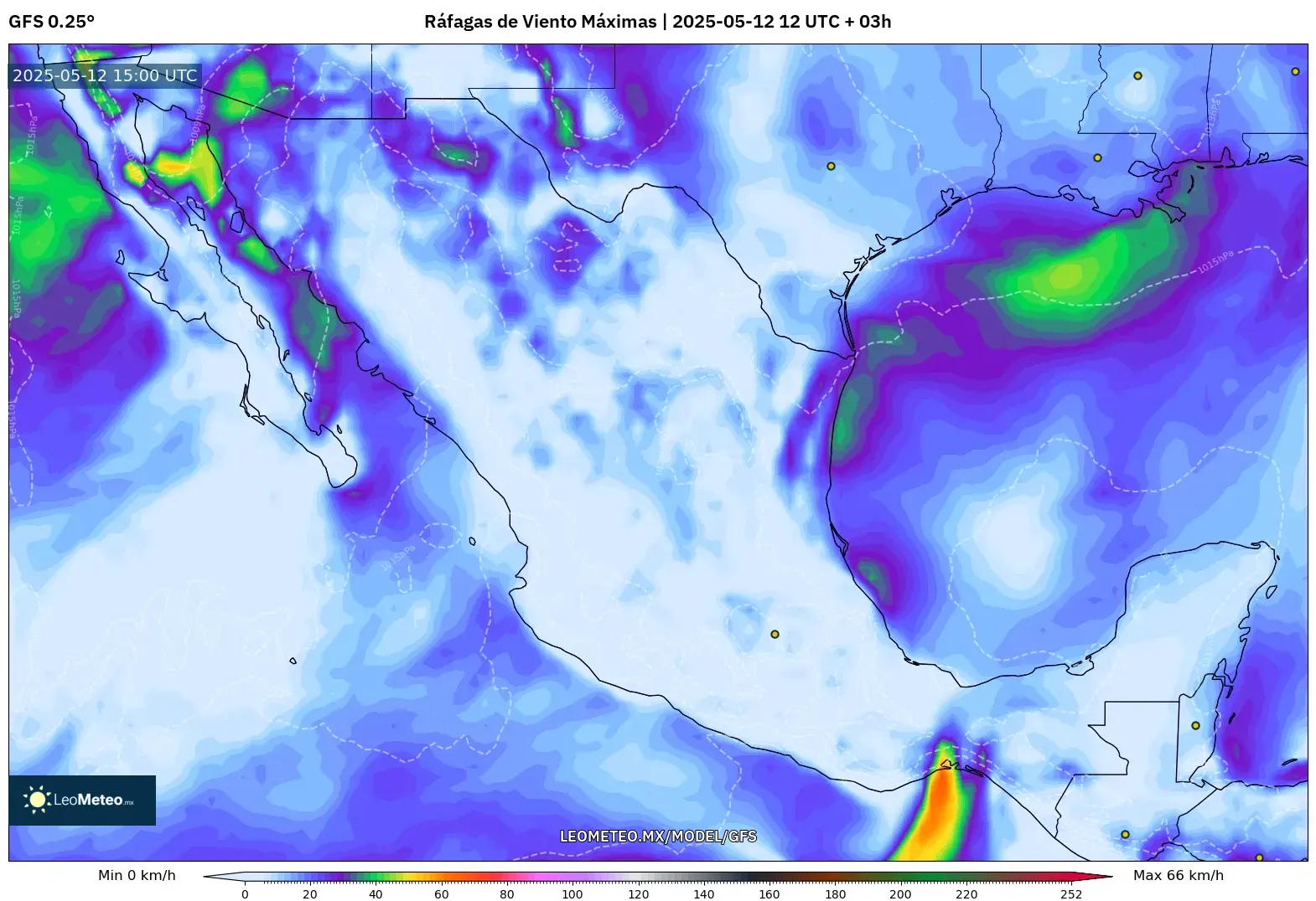 GFS - México, Ráfagas de Viento Máximas GFS - México, Ráfagas de Viento Máximas
