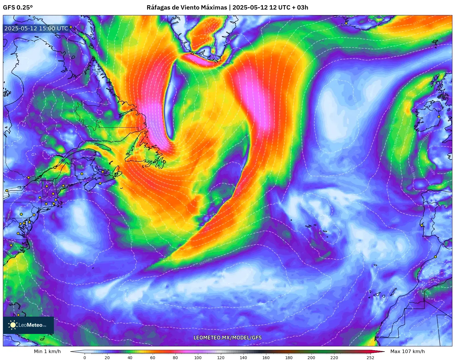 GFS - Norte Atlántico, Ráfagas de Viento Máximas GFS - Norte Atlántico, Ráfagas de Viento Máximas