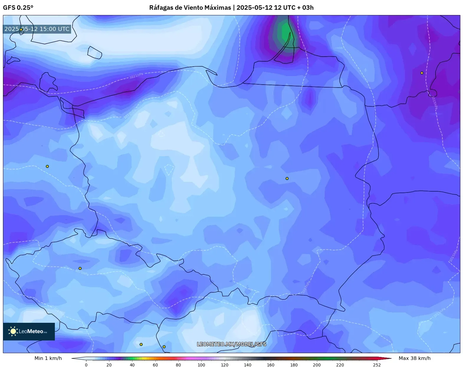 GFS - Polonia, Ráfagas de Viento Máximas GFS - Polonia, Ráfagas de Viento Máximas