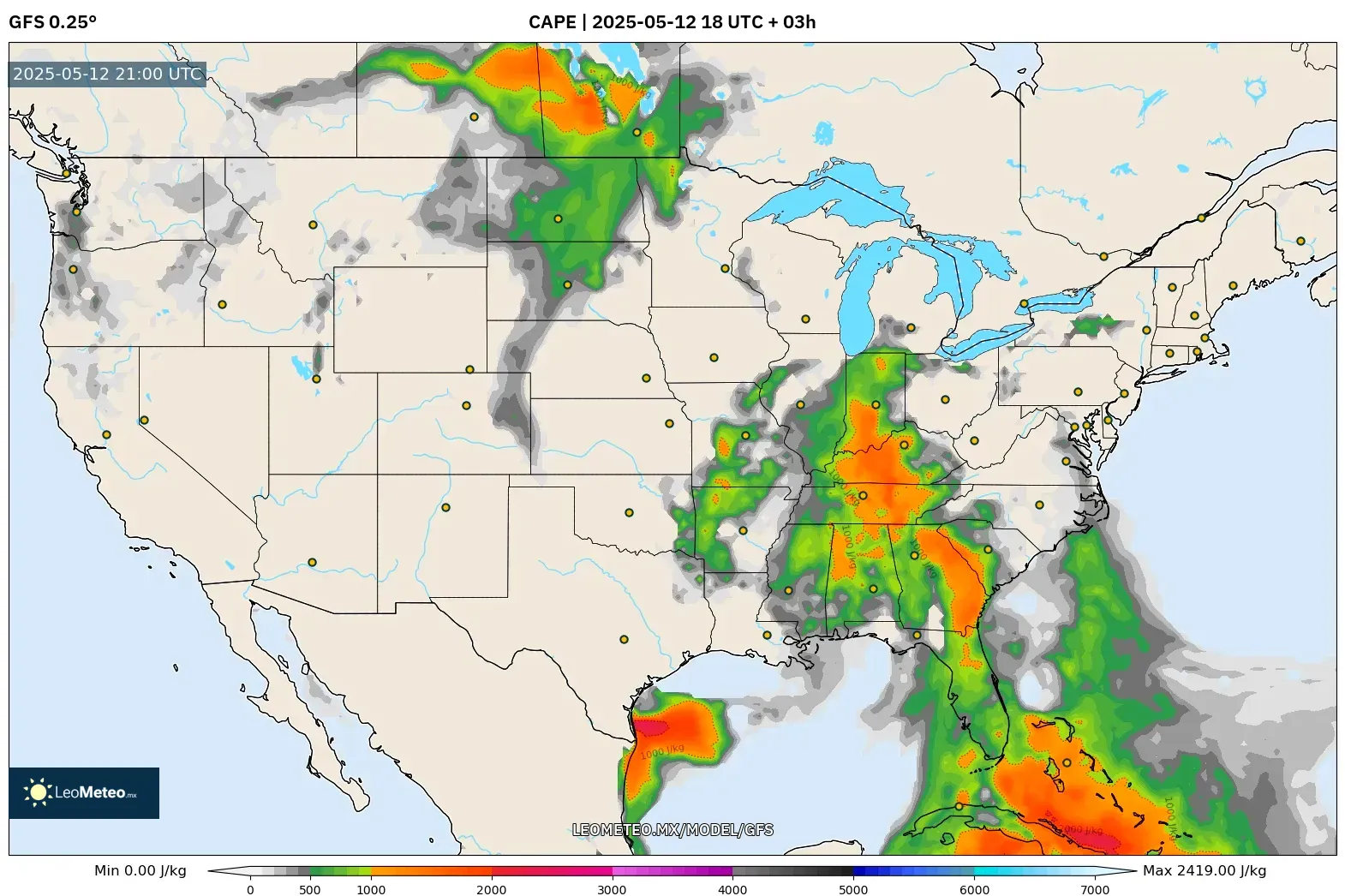 GFS model - Estados Unidos, CAPE GFS model - Estados Unidos, CAPE