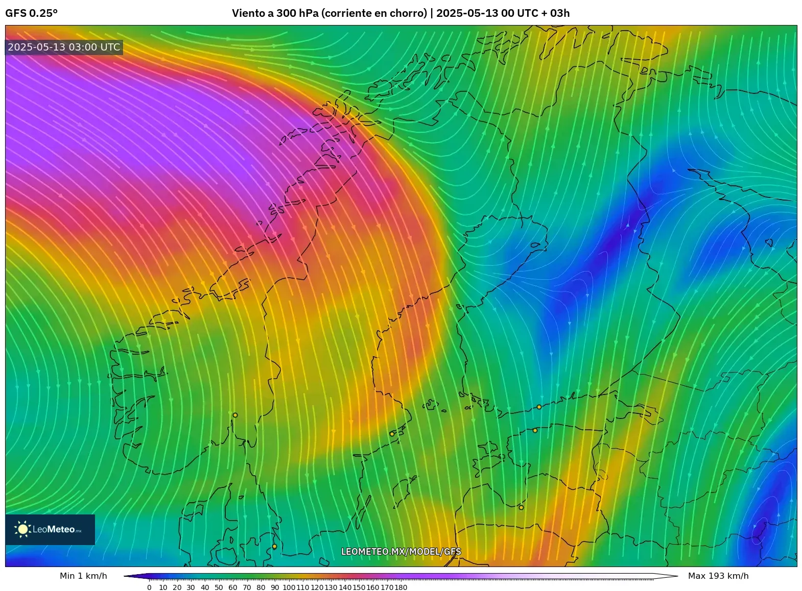 GFS model - Escandinavia, Viento a 300 hPa (corriente en chorro) GFS model - Escandinavia, Viento a 300 hPa (corriente en chorro)