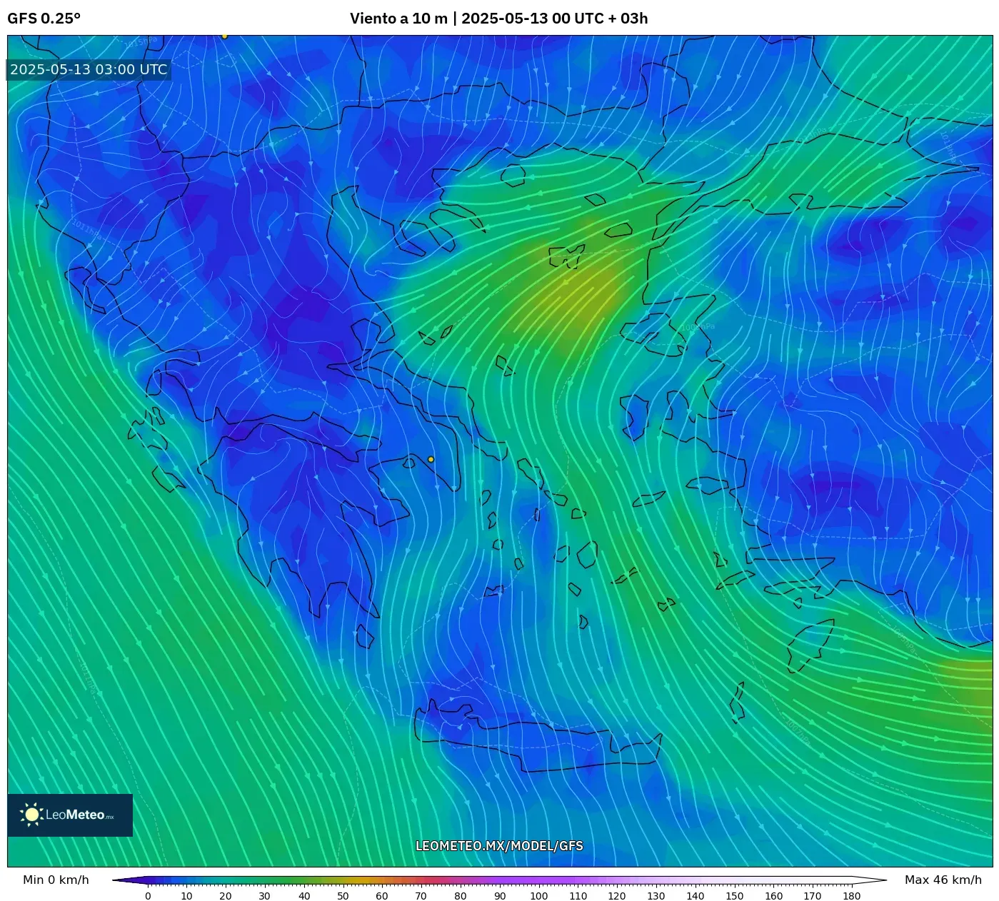 GFS model - Grecia, Viento a 10 m GFS model - Grecia, Viento a 10 m