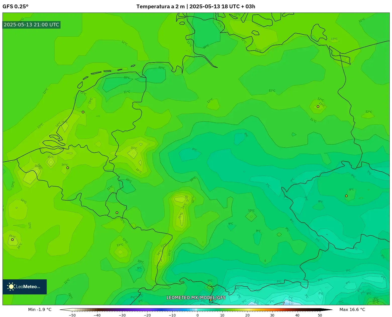 GFS model - Alemania, Temperatura a 2 m GFS model - Alemania, Temperatura a 2 m