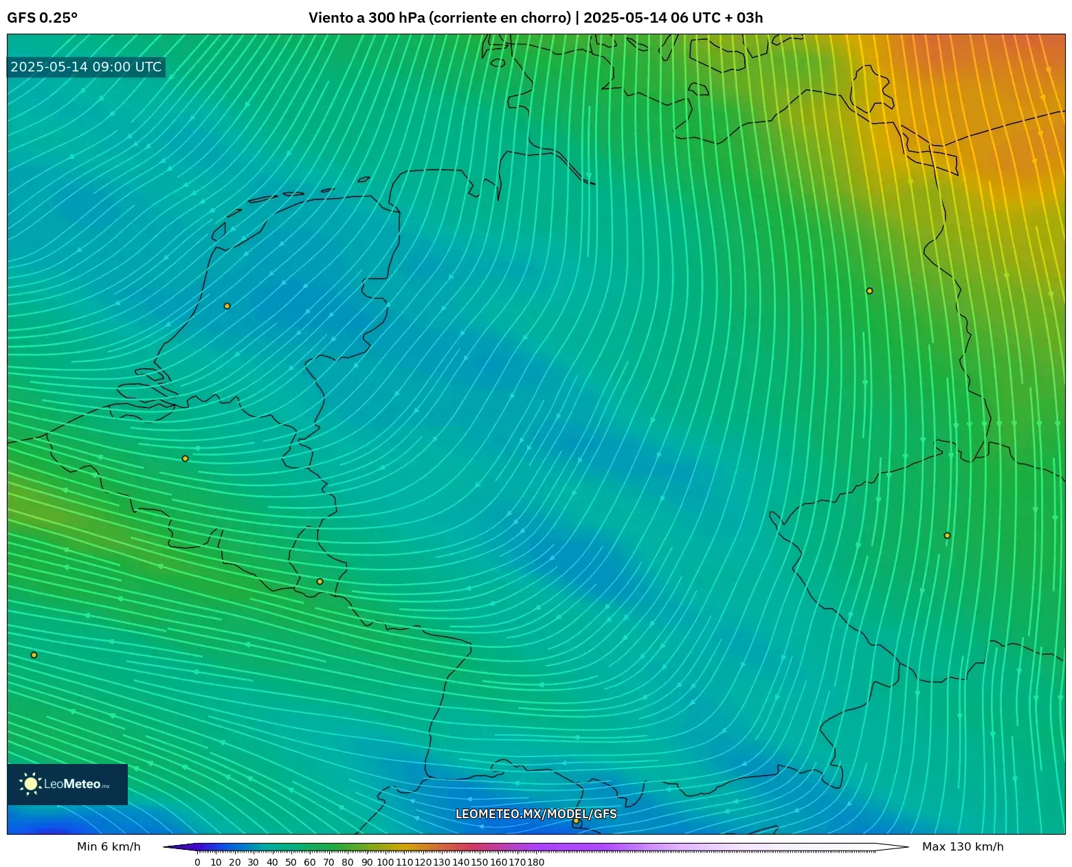 GFS model - Alemania, Viento a 300 hPa (corriente en chorro) GFS model - Alemania, Viento a 300 hPa (corriente en chorro)