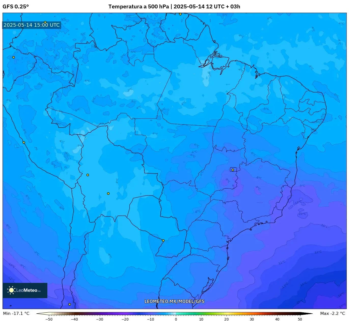 GFS model - Brasil, Temperatura a 500 hPa GFS model - Brasil, Temperatura a 500 hPa
