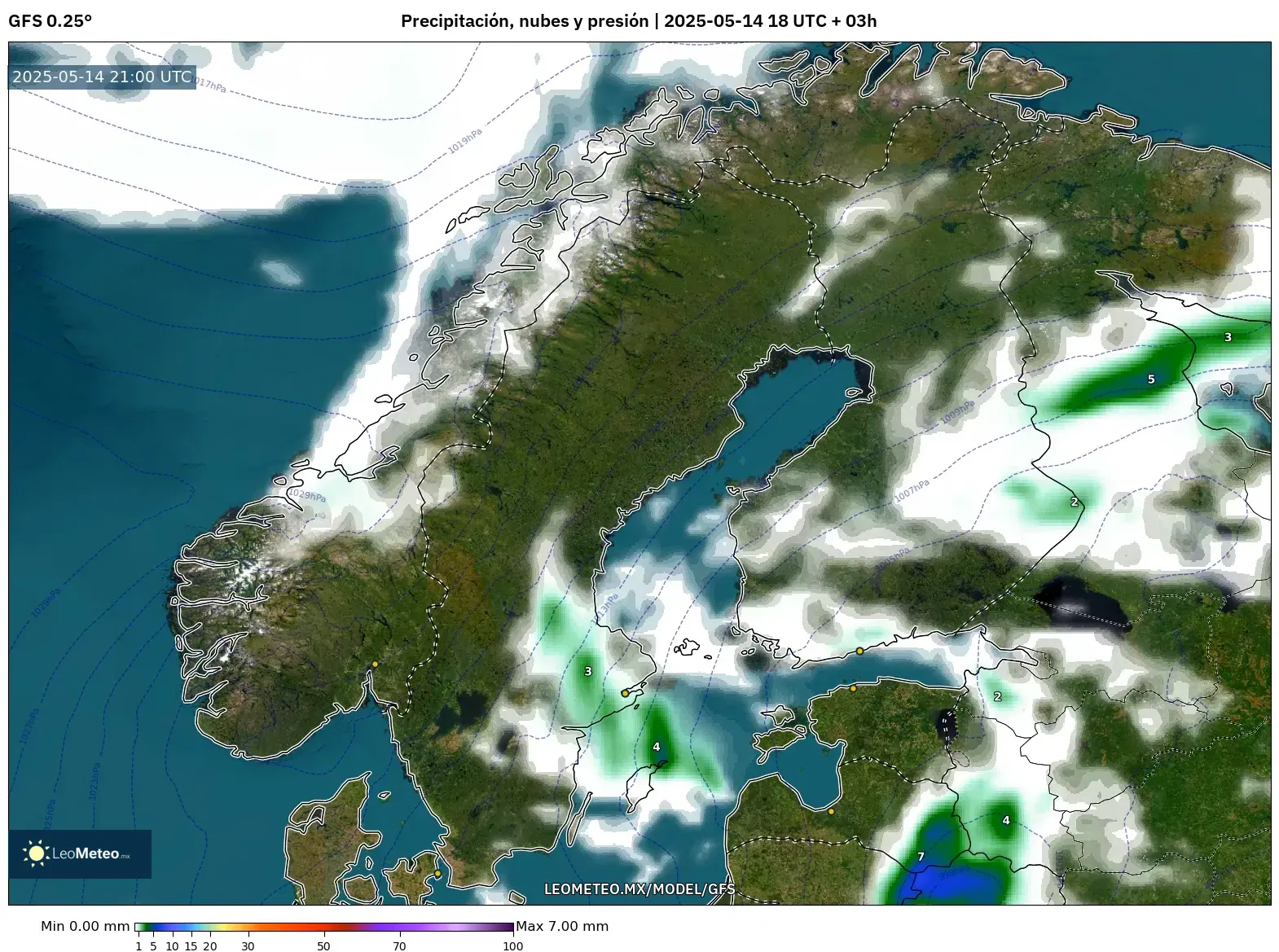 GFS model - Escandinavia, Precipitación, nubes y presión GFS model - Escandinavia, Precipitación, nubes y presión