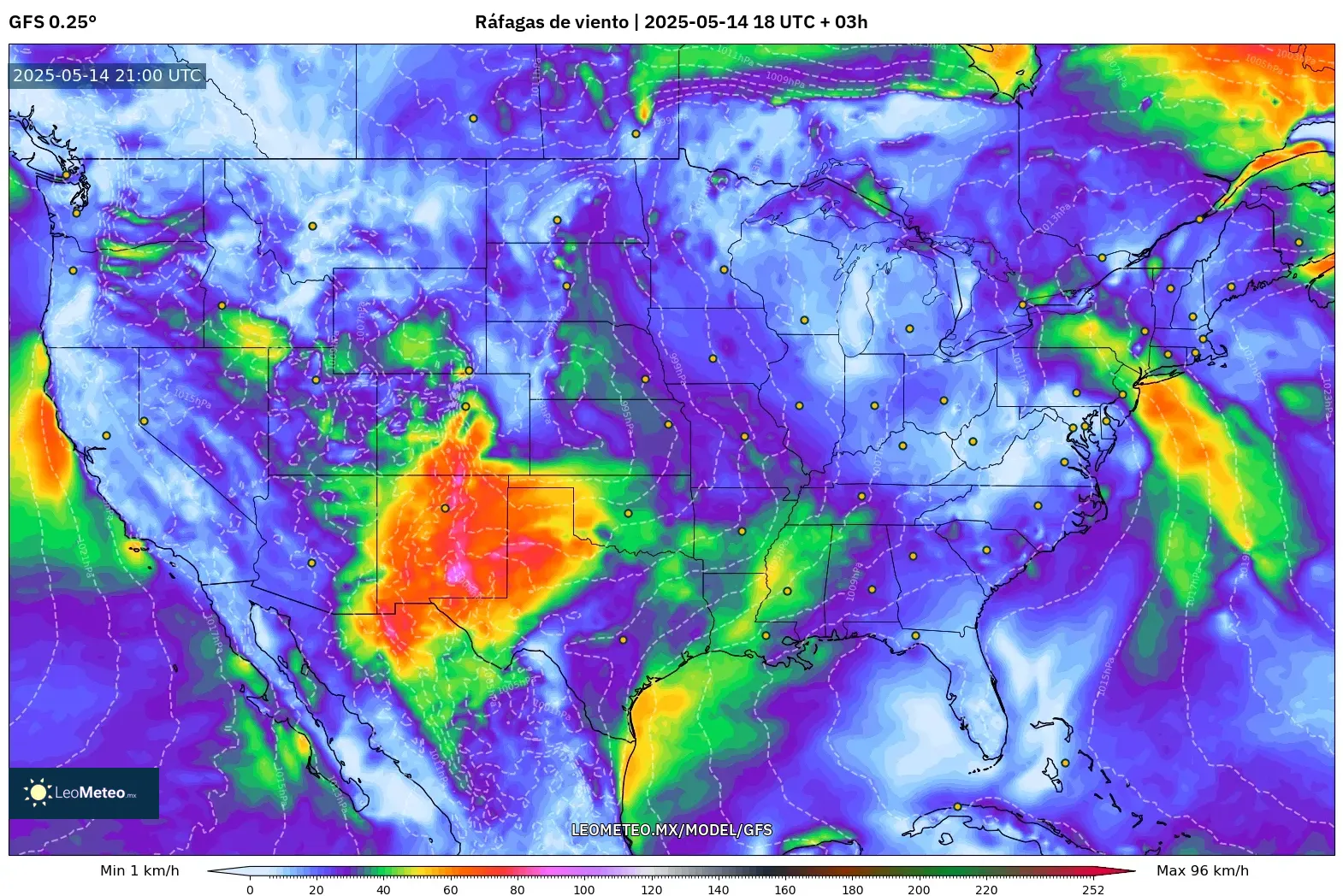 GFS model - Estados Unidos, Ráfagas de viento GFS model - Estados Unidos, Ráfagas de viento