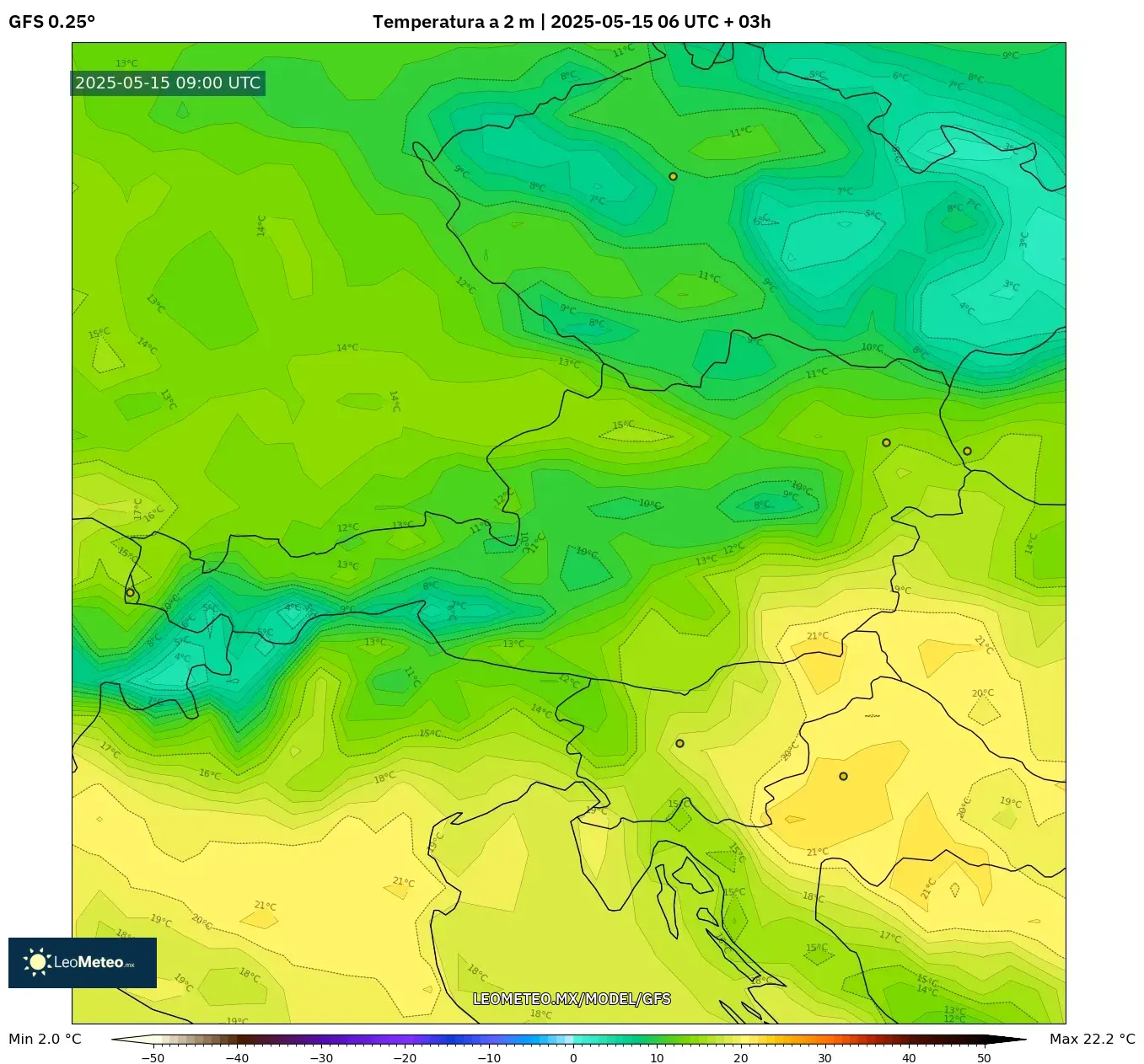 GFS model - Austria, Temperatura a 2 m GFS model - Austria, Temperatura a 2 m