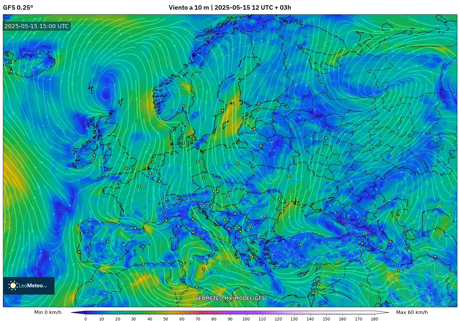 GFS model - Europa, Viento a 10 m