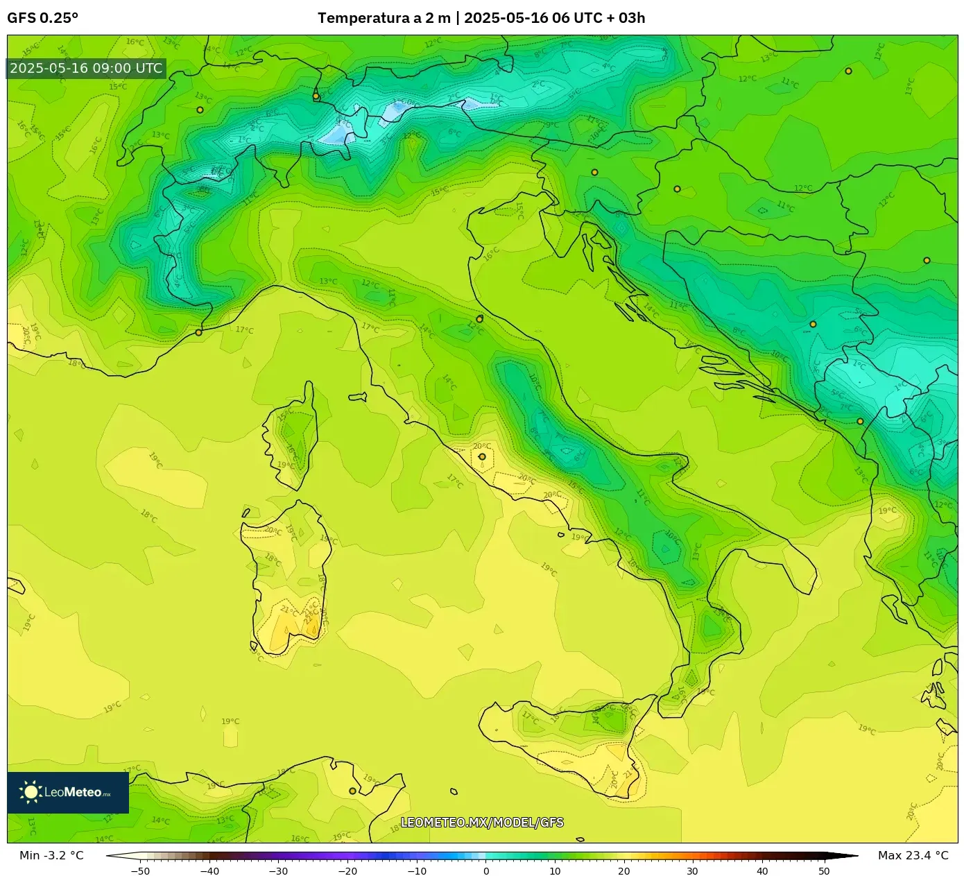 GFS model - Italia, Temperatura a 2 m GFS model - Italia, Temperatura a 2 m