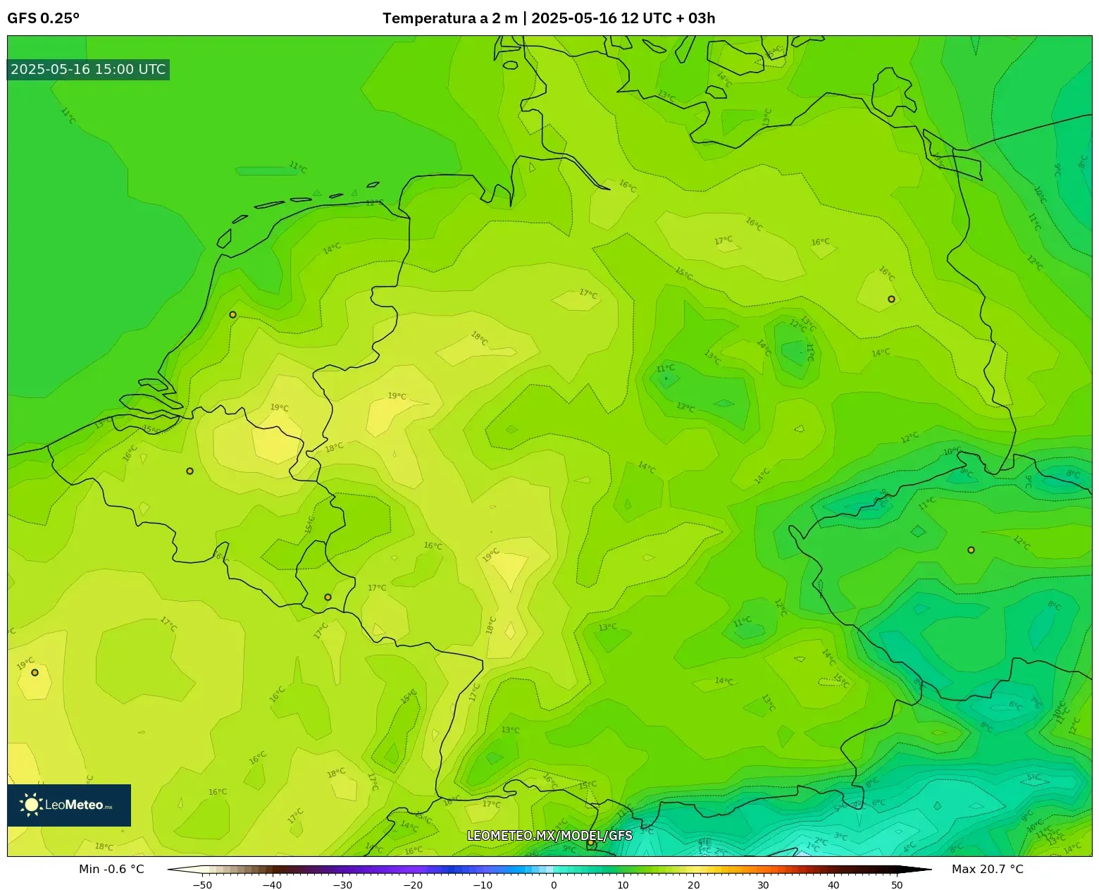 GFS model - Alemania, Temperatura a 2 m GFS model - Alemania, Temperatura a 2 m