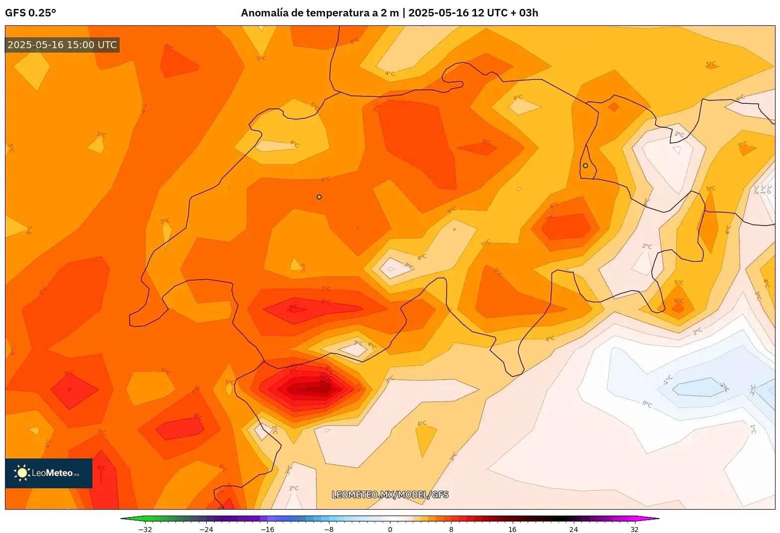 GFS model - Suiza, Anomalía de temperatura a 2 m GFS model - Suiza, Anomalía de temperatura a 2 m