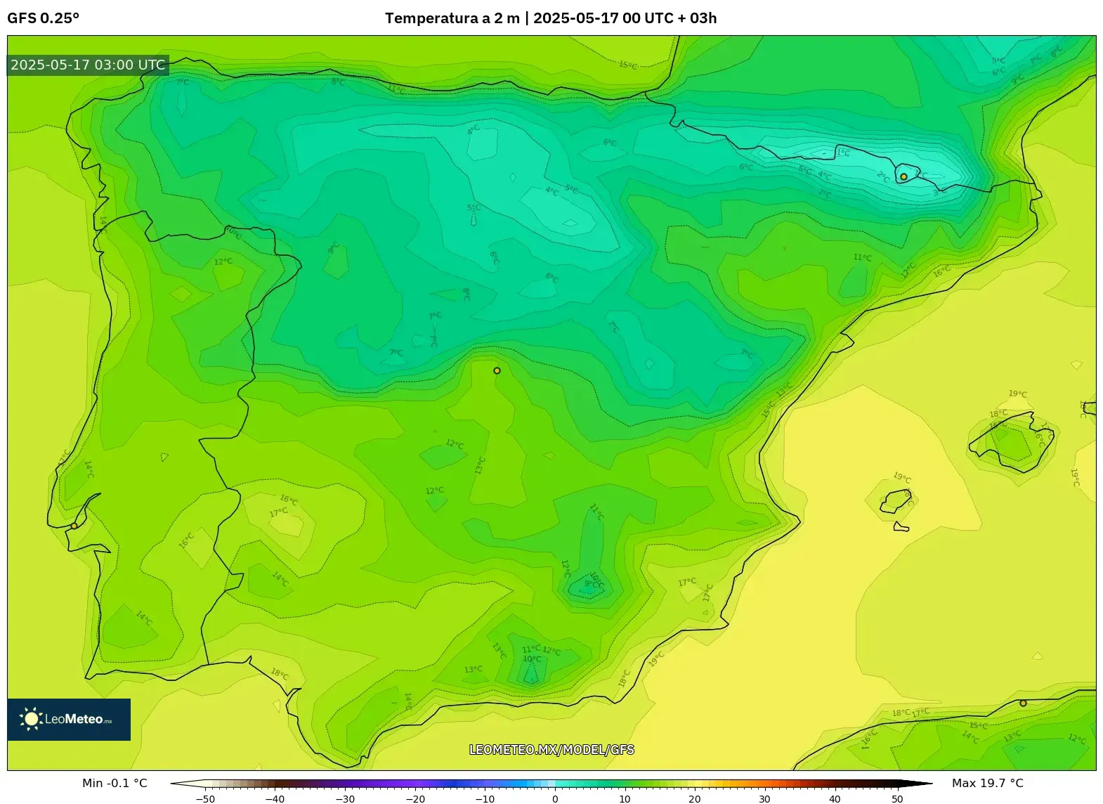 GFS model - España, Temperatura a 2 m GFS model - España, Temperatura a 2 m
