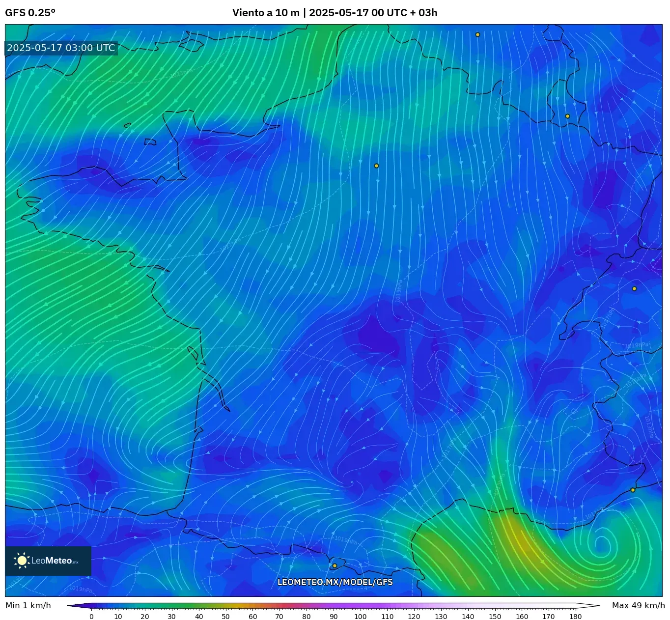 GFS model - Francia, Viento a 10 m GFS model - Francia, Viento a 10 m